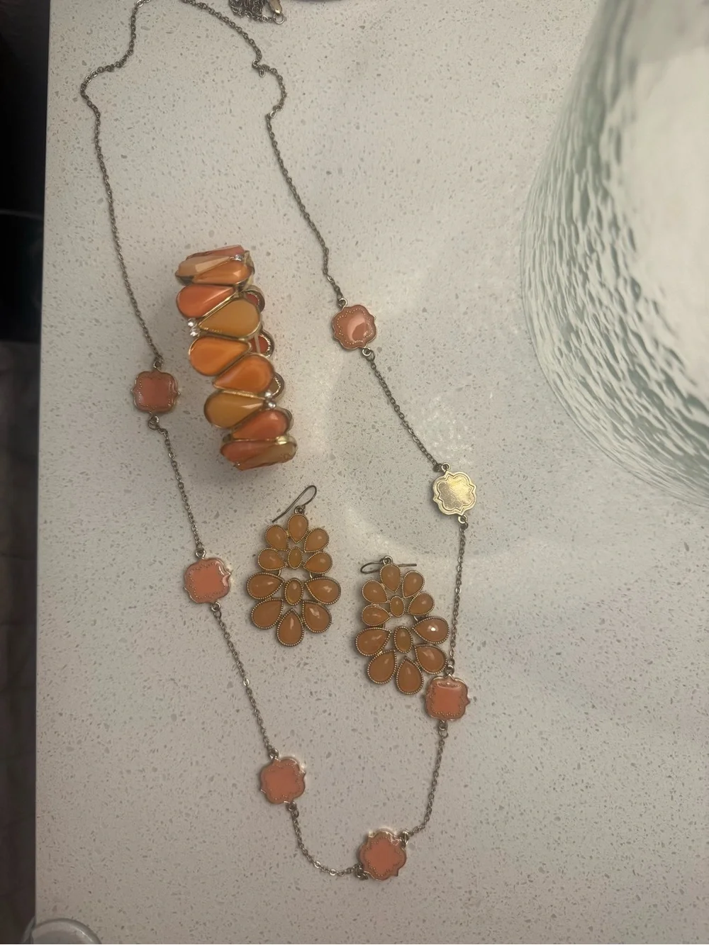 Orange‎ Floral Statement Necklace, bracelet and Earring Set